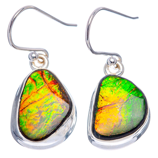 Sterling silver ammolite teardrop drop earrings with green, yellow, orange iridescent stone