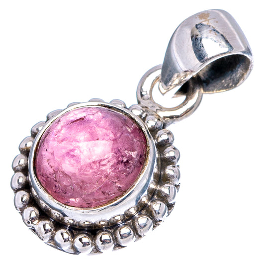 Round pink tourmaline pendant in .925 sterling silver setting with hinged bail