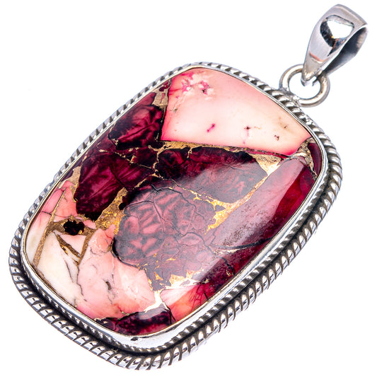 Sterling silver pendant with rope-edge border, pink red gold mosaic stone and bail