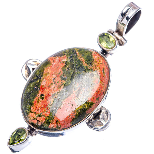 Oval unakite pendant with peridot green accents in .925 sterling silver setting