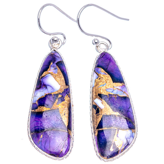Pair of teardrop purple turquoise inlay earrings with gold matrix, sterling silver hooks