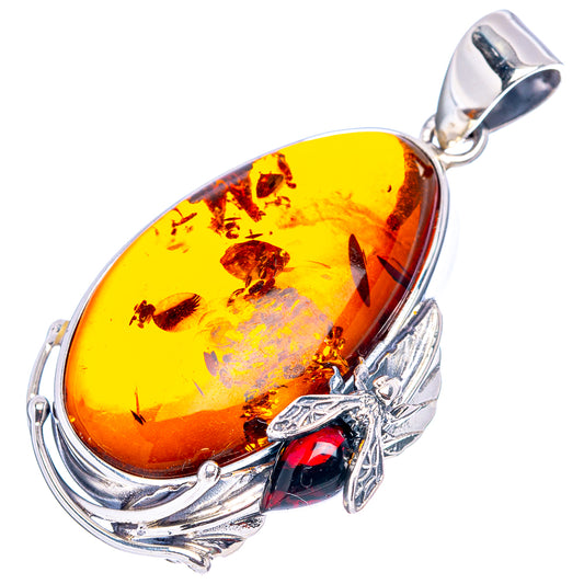 Teardrop amber pendant with bee charm, .925 sterling silver frame and bail
