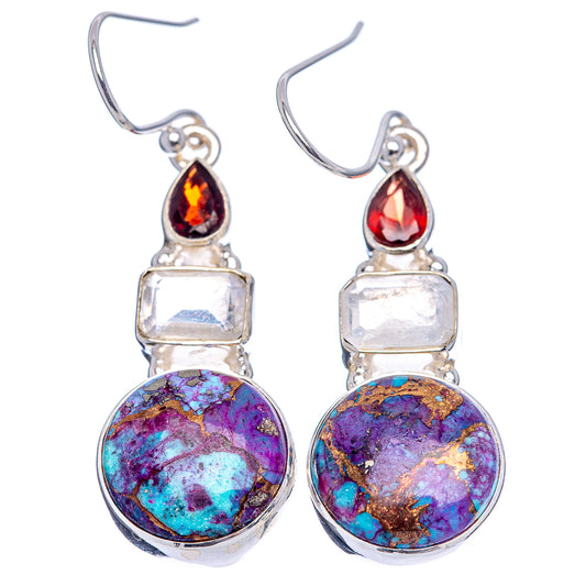 Sterling silver drop earrings with red teardrop top, square white stone, round purple-blue