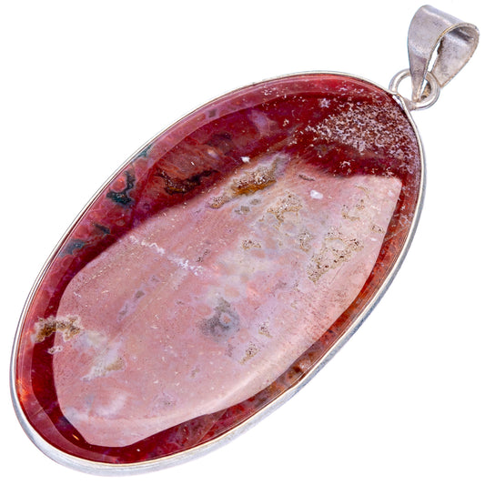 Red jasper cabochon pendant, oval stone with marbled pink-red center and silver bail