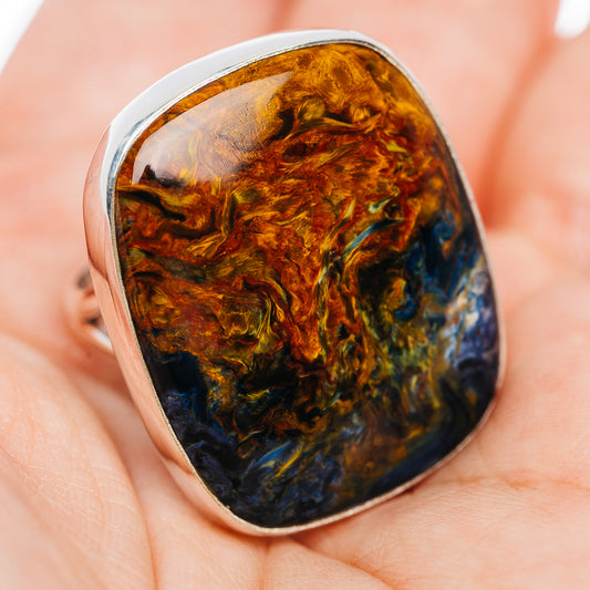 Pietersite oval cabochon ring with blue and bronze swirls, .925 sterling silver band