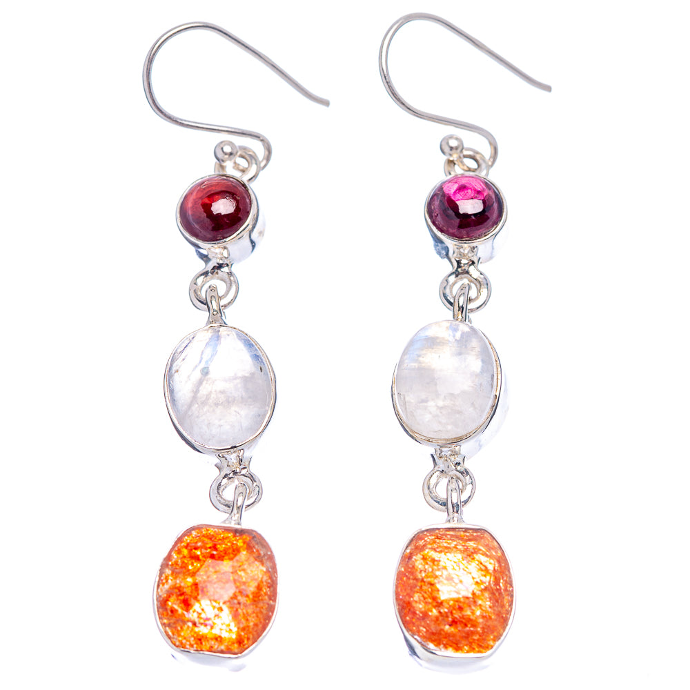 925 sterling silver drop earrings with magenta top, moonstone, and orange sunstone dangles