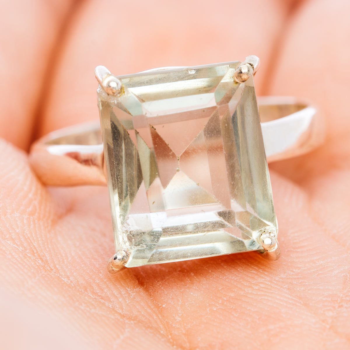 Faceted Prasiolite Ring Size 8.75 (.925 Sterling Silver)