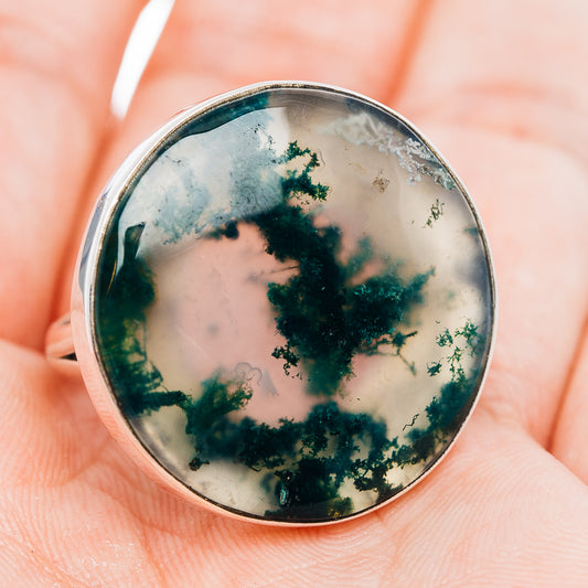 Moss agate sterling silver ring with green mossy dendrite pattern on oval stone