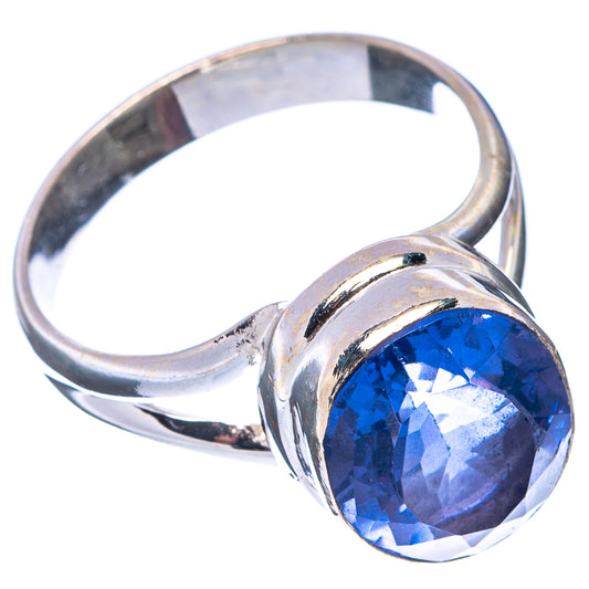 Blue faceted fluorite set in .925 sterling silver ring, size 8, side view