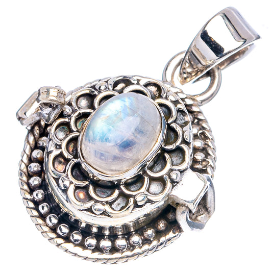 Sterling silver moonstone poison pendant with ornate oval rainbow-blue stone