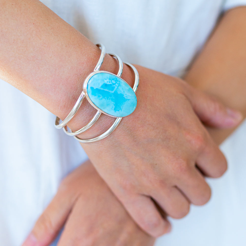 Larimar 925 Sterling Silver Cuff Bracelet Adjustable