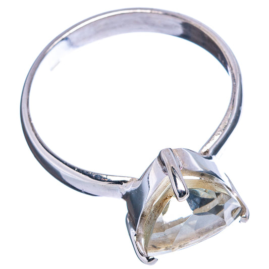 Faceted green amethyst ring with sterling silver band and prong-set pear stone