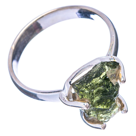 Sterling silver moldavite ring, open top view showing green faceted stone and prongs