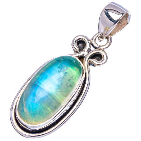 Green moonstone pendant .925 sterling silver oval setting with scroll-like enhancer