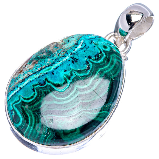Malachite & chrysocolla oval pendant, shiny .925 sterling silver frame around blue-green stone