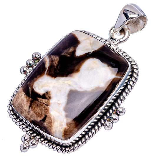 Sterling silver jasper pendant with rectangular dark brown and cream stone, rope bezel and bead drops
