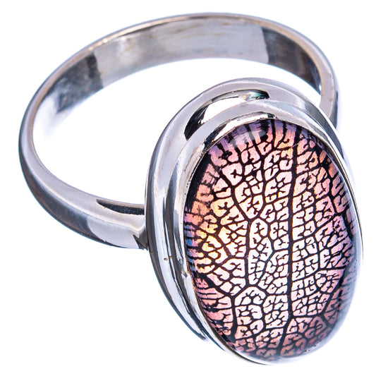 Sterling silver ring with oval opal-effect center, side view, purple-pink and gold