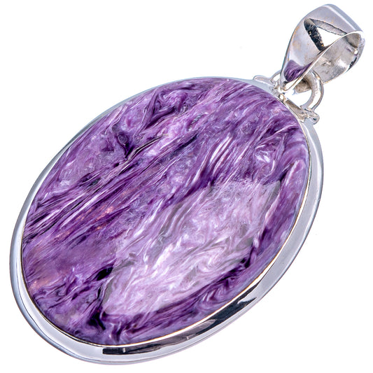 Oval charoite cabochon pendant, purple marbled stone in sterling silver frame