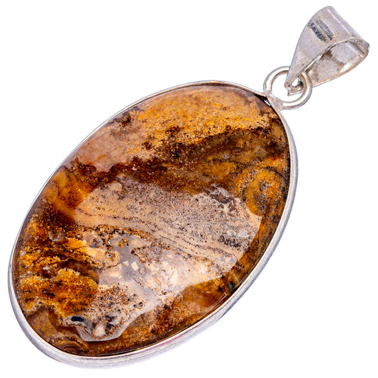 Silver-plated tube agate pendant with oval mottled stone in amber, black, and silver bezel