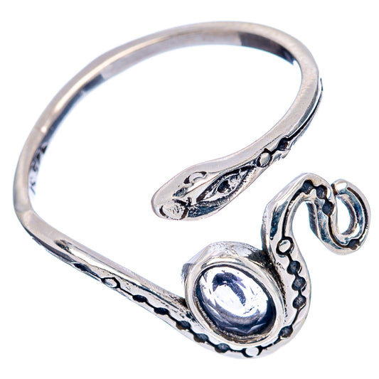 Sterling silver adjustable snake ring with round dark blue gemstone and etched snake band