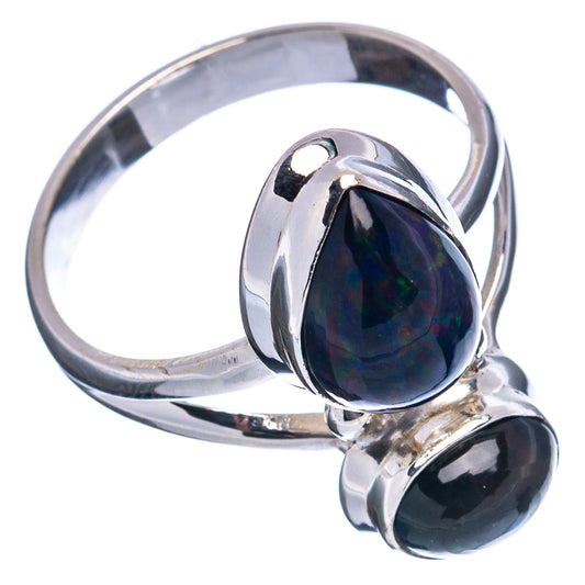 Two-stone black opal ring in .925 sterling silver, oval settings side view