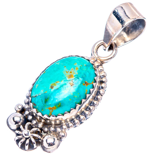 Sterling silver turquoise oval pendant with beaded Native-style border and flower accents