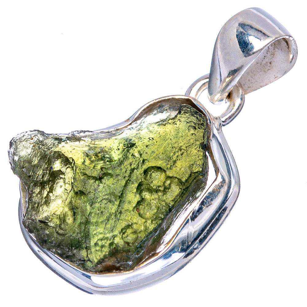 Moldavite pendant with bright green irregular stone set in sterling silver bezel