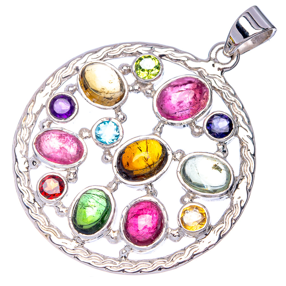 Round 925 sterling silver pendant with multicolor oval and round gemstones, top bail