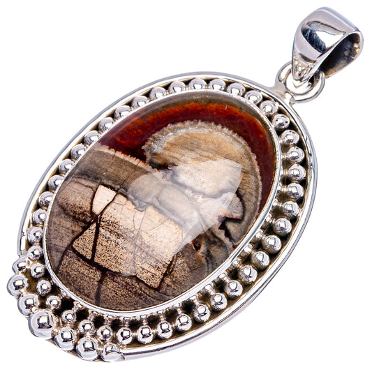 Sterling silver mushroom rhyolite pendant with oval stone bezel and decorative bead border