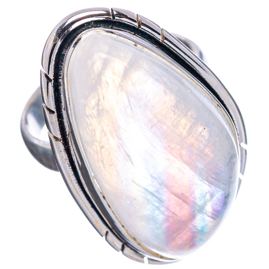 Iridescent oval moonstone ring, polished .925 sterling silver frame and wide band