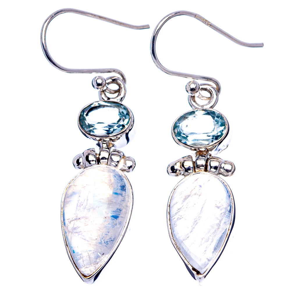 Rainbow Moonstone, Blue Topaz Earrings 1 5/8" (.925 Sterling Silver)