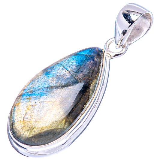 Teardrop labradorite pendant with blue, gray, and gold flash in .925 sterling silver