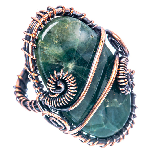Ocean jasper wire wrap ring with oval green stone, oxidized copper, size 5