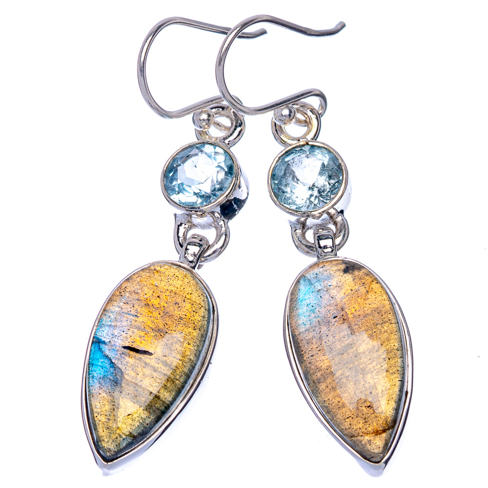 Sterling silver drop earrings with round blue topaz and teardrop labradorite stones