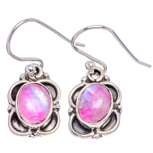 Pink oval moonstone earrings, .925 sterling silver, black bezel with ornate flower setting, hooks
