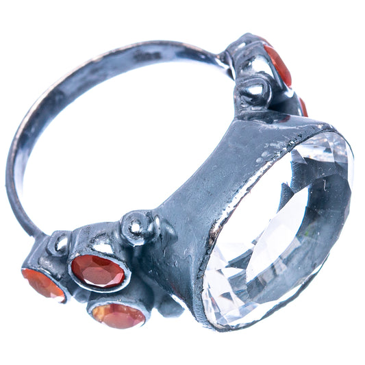 Sterling silver ring front view with clear quartz oval and red carnelian accents