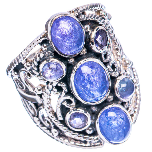 Sterling silver tanzanite ring with oval blue-purple stones in ornate setting, size 9