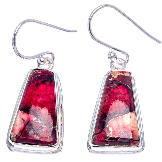 Sterling silver framed marbled red drop earrings with fishhook closures, pair