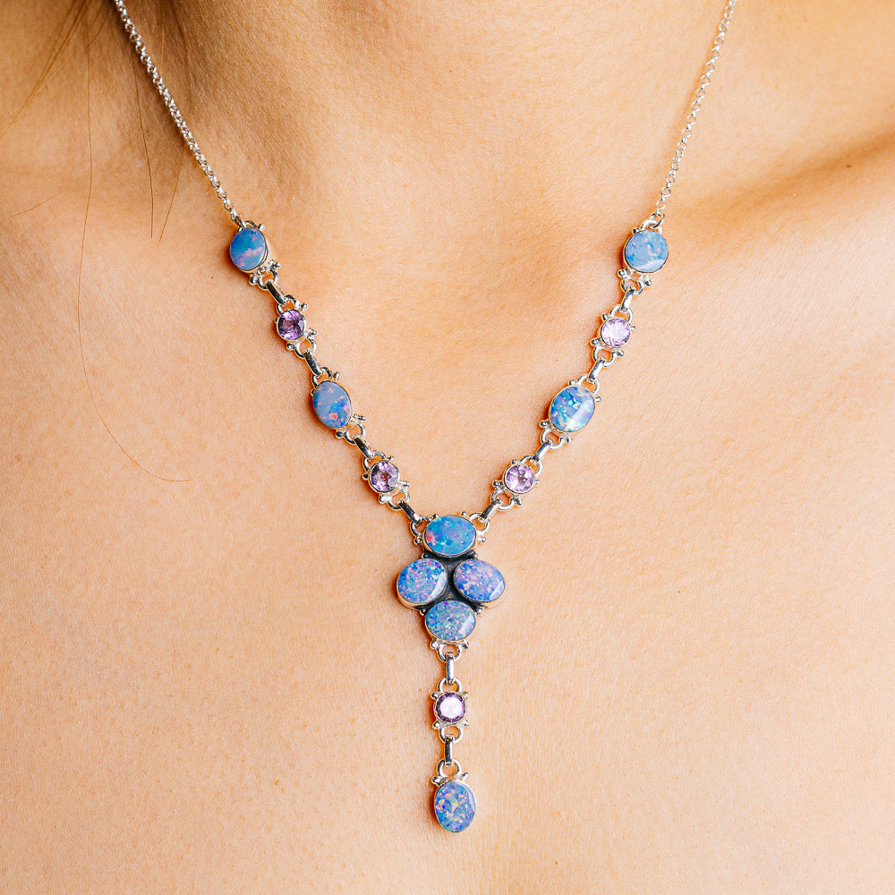 Doublet Opal, Amethyst Necklace 18 to 20" (.925 Sterling Silver)
