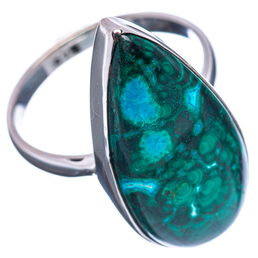 Teardrop green malachite chrysocolla gemstone ring, .925 sterling silver band