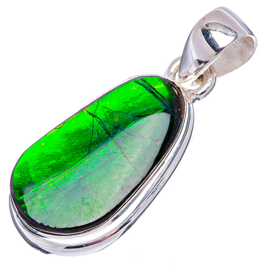 Sterling silver ammolite pendant, green oval-teardrop gemstone with bail loop