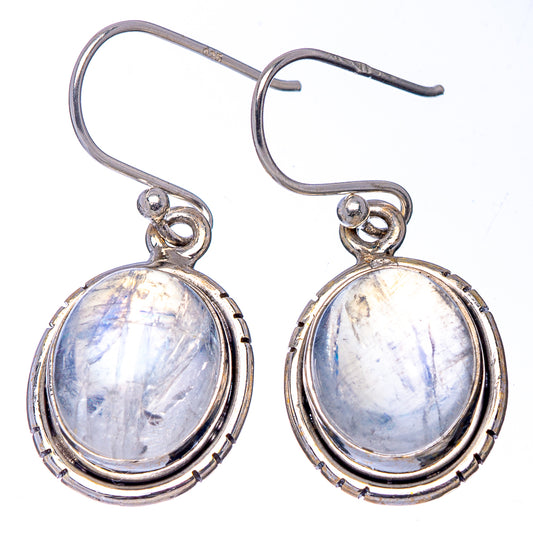 Oval moonstone drop earrings in .925 sterling silver, iridescent white-blue cabochon