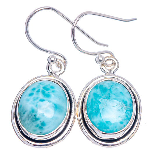 Larimar oval drop earrings, .925 sterling silver bezel, fishhook with dangling oval stone