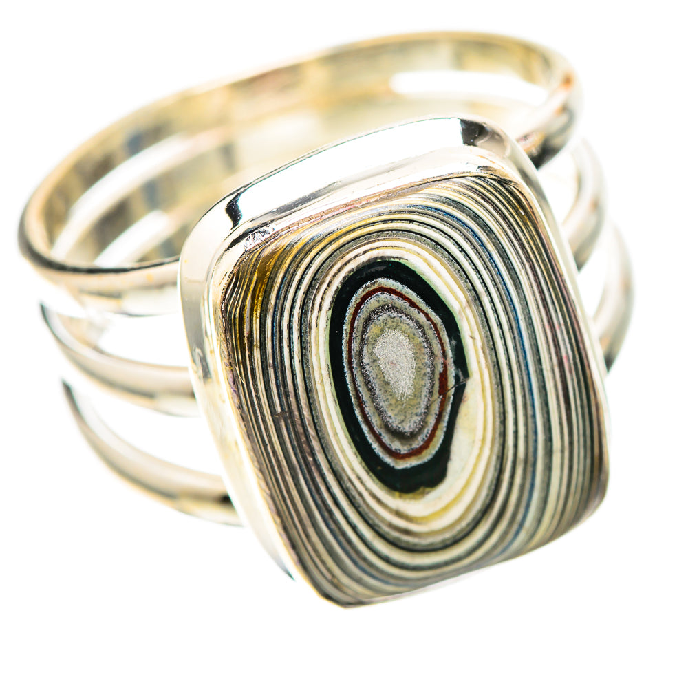 Sterling silver ring with oval fordite stone, concentric striped pattern, openwork band