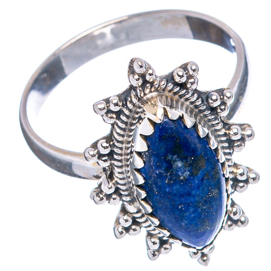 Oval lapis lazuli ring in .925 sterling silver with wide band and detailed beadwork