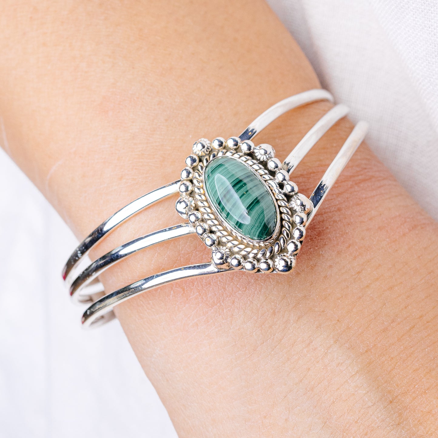Malachite Cuff Bracelet Adjustable (925 Sterling Silver) B90417