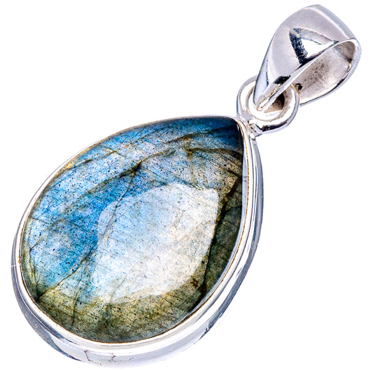 Sterling silver labradorite teardrop pendant with blue-green mottled stone in bezel