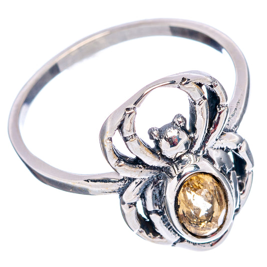Sterling silver spider dainty ring with oval citrine gemstone, size 7.5.