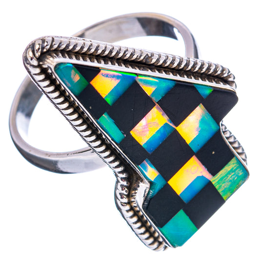 Sterling silver rope-braid ring with black opal lightning-bolt inlay, open top, size 10