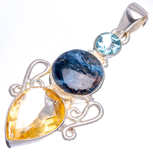 Sterling silver gemstone pendant side view, blue oval with yellow teardrop and light-blue bead